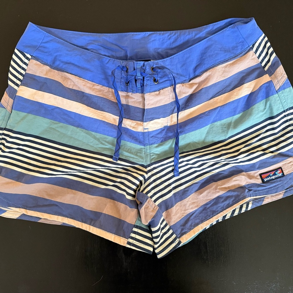 Patagonia Blue and Tan Striped Athletic Shorts
